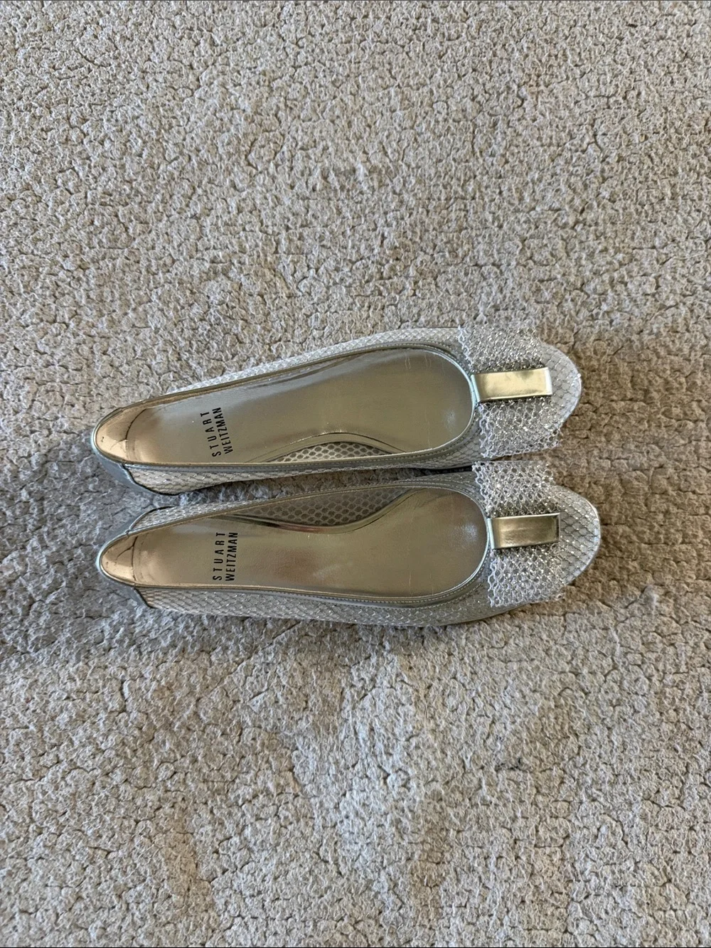 Stuart Weitzman Silver Mesh Ballet Flats with Metallic Bow Toe Accent 7.5 N